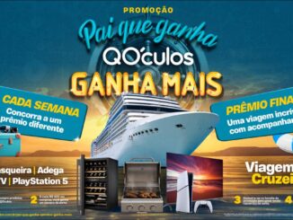 Banner da promoção Pai que Ganha QÓculos Ganha Mais, com navio de cruzeiro ao entardecer, mala de viagem, churrasqueira, adega climatizada, Smart TV e PlayStation 5, anunciando sorteios semanais e viagem de cruzeiro como prêmio final