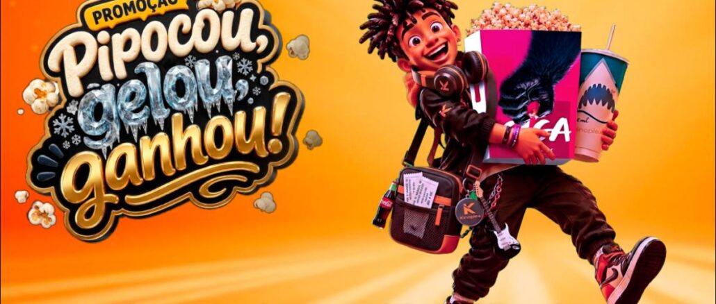 Banner da promoção Pipocou, Gelou, Ganhou do Kinoplex com personagem animado carregando pipoca, refrigerante e ingressos de cinema, anunciando 1 ano de cinema grátis