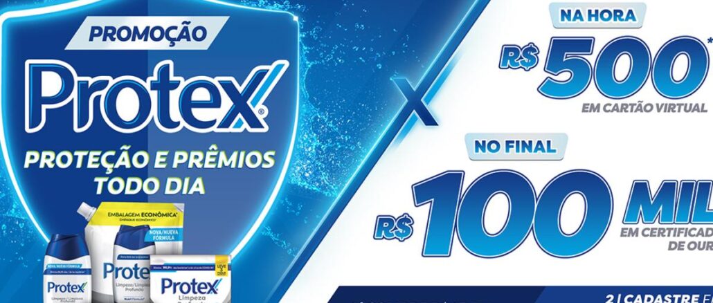 Banner da Promoção Protex 2026 Proteção e Prêmios Todo Dia, com prêmios de R$500 em cartão virtual na hora e R$100 mil em certificado de ouro no final.