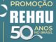 Banner da Promoção Rehau 50 Anos no Brasil com fundo verde-azulado e tipografia em branco e dourado.