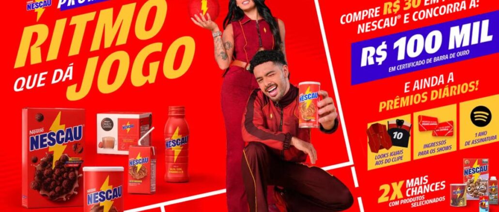 Banner da Promoção Ritmo que Dá Jogo Nescau, com Ana Castela e DJ Pedro Sampaio em fundo vermelho, ao lado de produtos da linha Nescau e informações sobre prêmios de até R$100 mil em certificado de barra de ouro.