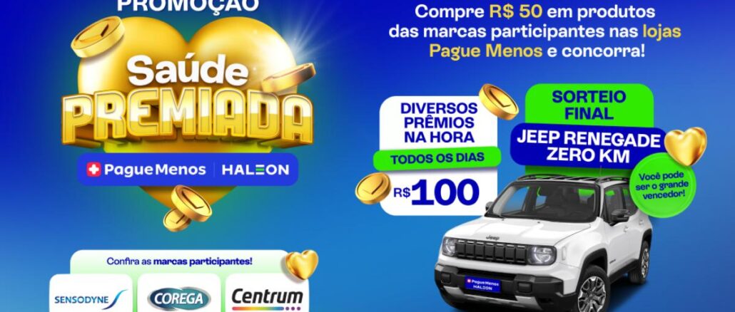 Banner da promoção Saúde Premiada Pague Menos e Haleon com coração dourado, moedas, Jeep Renegade zero km e logos das marcas Sensodyne, Corega e Centrum