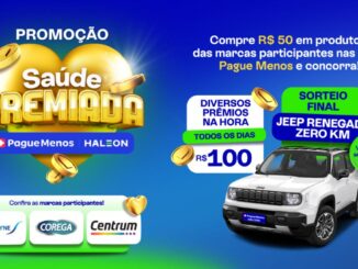 Banner da promoção Saúde Premiada Pague Menos e Haleon com coração dourado, moedas, Jeep Renegade zero km e logos das marcas Sensodyne, Corega e Centrum