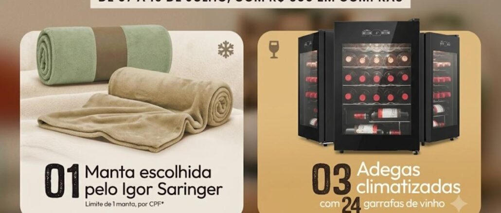 Banner promocional do Shopping Anália Franco em parceria com Igor Saringer, anunciando de 07 a 19 de julho compras de R$600,00 concorrendo a mantas e adegas climatizadas com 24 garrafas de vinho
