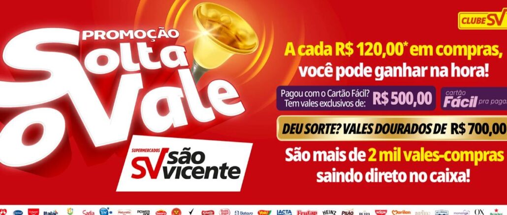 Promoção Solta o Vale Supermercados São Vicente no Interior de São Paulo Banner da promoção Solta o Vale dos Supermercados São Vicente, com sino dourado, valores de vales-compras e logomarcas de fornecedores parceiros