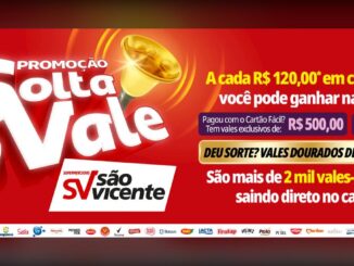 Banner da promoção Solta o Vale dos Supermercados São Vicente, com sino dourado, valores de vales-compras e logomarcas de fornecedores parceiros