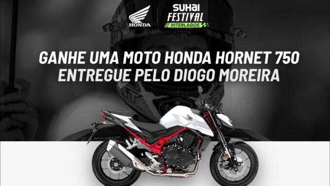 Arte da promoção Suhai Festival Interlagos com Honda: concorra a uma moto Honda Hornet 750 entregue pelo piloto Diogo Moreira.