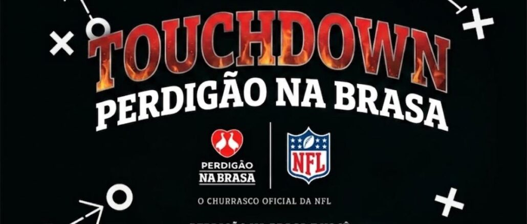 Promoção Touchdown Perdigão na Brasa Banner preto da promoção Touchdown Perdigão na Brasa com o nome em chamas, logos da Perdigão na Brasa e da NFL lado a lado e a frase O Churrasco Oficial da NFL