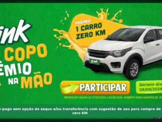 Banner promocional Trink no Copo Prêmio na Mão da Bramil Supermercados no Rio de Janeiro, com carro Fiat Mobi zero quilômetro branco ao centro, faixa amarela com respingos destacando o prêmio, botão verde participar e informação de sorteio dia 08/08/2026