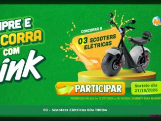 Banner publicitário verde da promoção Compre e Concorra com Trink, em parceria com o Mundial Mix, mostrando uma scooter elétrica preta sobre um pódio dourado, com respingos de suco laranja e uvas ao fundo, botão "Participar" em destaque e data do sorteio 21/10/2026.