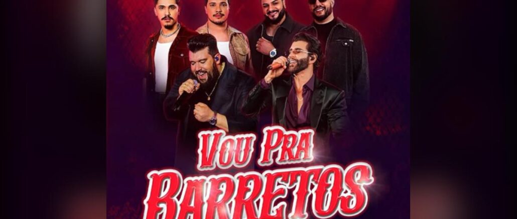 Imagem promocional da promoção Vou Pra Barretos, com seis cantores sertanejos em um palco iluminado por luzes vermelhas e o texto “Você no Rancho Sertanejo com tudo pago!”.