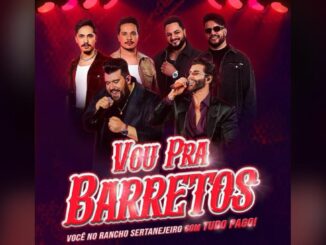 Imagem promocional da promoção Vou Pra Barretos, com seis cantores sertanejos em um palco iluminado por luzes vermelhas e o texto “Você no Rancho Sertanejo com tudo pago!”.