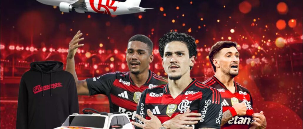 Roleta Premiada Fla-Prêmios 2026 reúne três jogadores do Flamengo com uniforme oficial ao centro, ao lado de avião temático do clube, moletom preto com estampa "Flamengo", carro elétrico infantil personalizado nas cores rubro-negras e fundo com luzes vermelhas e douradas remetendo ao Maracanã à noite.