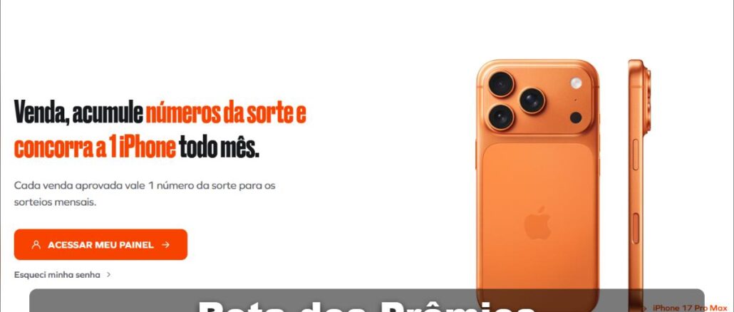 Página da promoção Rota dos Prêmios Mobilize Insurance com iPhone 17 Pro Max laranja sorteado todo mês