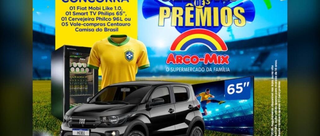 Seleção de Prêmios Arco-Mix em Pernambuco Seleção de Prêmios Arco-Mix em Pernambuco com Fiat Mobi Like preto, Smart TV Philips 65 polegadas, cervejeira Philco 96 litros, camisa oficial do Brasil e vale-compras Centauro, sobre fundo de campo de futebol com arco-íris colorido