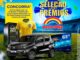 Seleção de Prêmios Arco-Mix em Pernambuco com Fiat Mobi Like preto, Smart TV Philips 65 polegadas, cervejeira Philco 96 litros, camisa oficial do Brasil e vale-compras Centauro, sobre fundo de campo de futebol com arco-íris colorido
