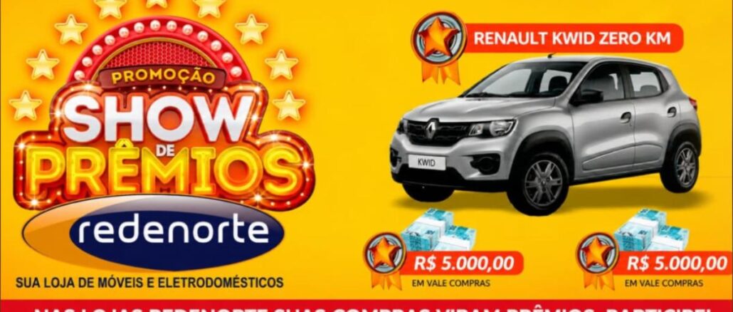Show de Prêmios Redenorte na Bahia e Minas Banner amarelo da promoção Show de Prêmios Redenorte com um Renault Kwid zero quilômetro cinza ao centro, ladeado por dois selos de vale compras de R$5.000,00 cada, logotipo da Redenorte e faixa vermelha inferior com a frase Nas lojas Redenorte suas compras viram prêmios, participe.
