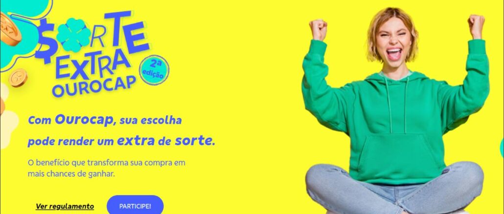 Sorte Extra Ourocap 2ª Edição Banner da promoção Sorte Extra Ourocap 2ª Edição, da BB Seguros, com mulher comemorando ao fundo amarelo.