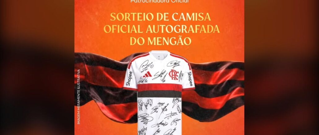 Banner laranja de sorteio da camisa oficial autografada do Flamengo, patrocinado por CRF e Shopee, com a camisa branca, preta e vermelha do time exposta ao centro sobre fundo com faixas nas cores do clube.