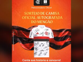 Banner laranja de sorteio da camisa oficial autografada do Flamengo, patrocinado por CRF e Shopee, com a camisa branca, preta e vermelha do time exposta ao centro sobre fundo com faixas nas cores do clube.