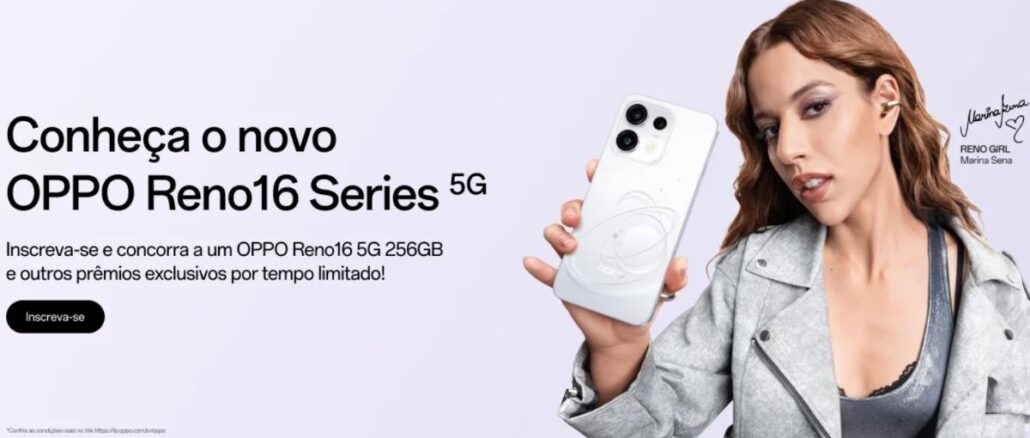 Banner do sorteio OPPO Reno16 Series 5G 256GB com a cantora Marina Sena como Reno Girl, exibindo o smartphone branco na mão direita sobre fundo lilás claro.