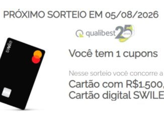 Banner do Sorteio Qualibest 25 Anos com cartão digital SWILE carregado com R$1.500,00, com próximo sorteio em 05/08/2026.