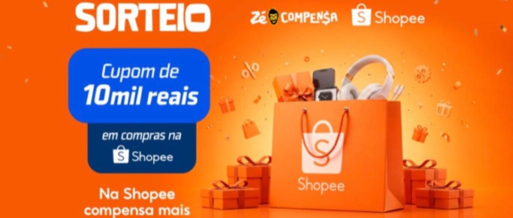 Sorteio Zé Delivery Shopee Banner laranja de sorteio Zé Delivery e Shopee com cupom de R$10.000,00 em compras, sacola de compras Shopee cercada por presentes, fones de ouvido, relógio e confetes dourados