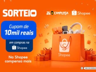 Banner laranja de sorteio Zé Delivery e Shopee com cupom de R$10.000,00 em compras, sacola de compras Shopee cercada por presentes, fones de ouvido, relógio e confetes dourados