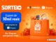 Banner laranja de sorteio Zé Delivery e Shopee com cupom de R$10.000,00 em compras, sacola de compras Shopee cercada por presentes, fones de ouvido, relógio e confetes dourados