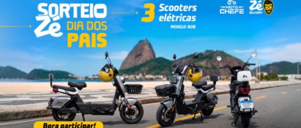 Sorteio Zé Dia dos Pais 2026 Imagem promocional do Sorteio Zé Dia dos Pais 2026, com três scooters elétricas modelo Bob estacionadas em avenida à beira-mar no Rio de Janeiro, tendo o Pão de Açúcar ao fundo, com as marcas Moto Chefe e Zé Delivery.