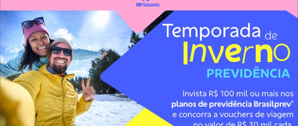 Banner promocional BB Seguros com casal sorridente tirando selfie na neve, vestindo casacos de inverno, ao lado do texto Temporada de Inverno Previdência com informações sobre investimento em planos Brasilprev