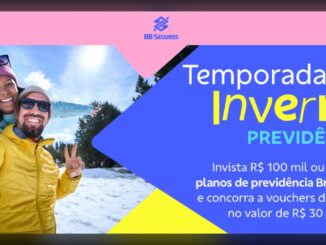 Banner promocional BB Seguros com casal sorridente tirando selfie na neve, vestindo casacos de inverno, ao lado do texto Temporada de Inverno Previdência com informações sobre investimento em planos Brasilprev