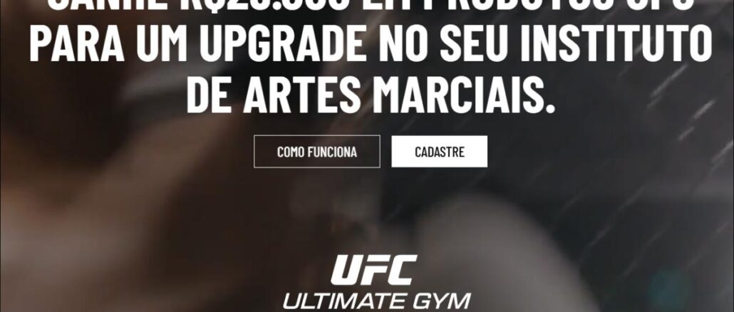 Banner da promoção UFC Ultimate GYM Upgrade, com prêmio de R$25.000 em produtos UFC para institutos de artes marciais.