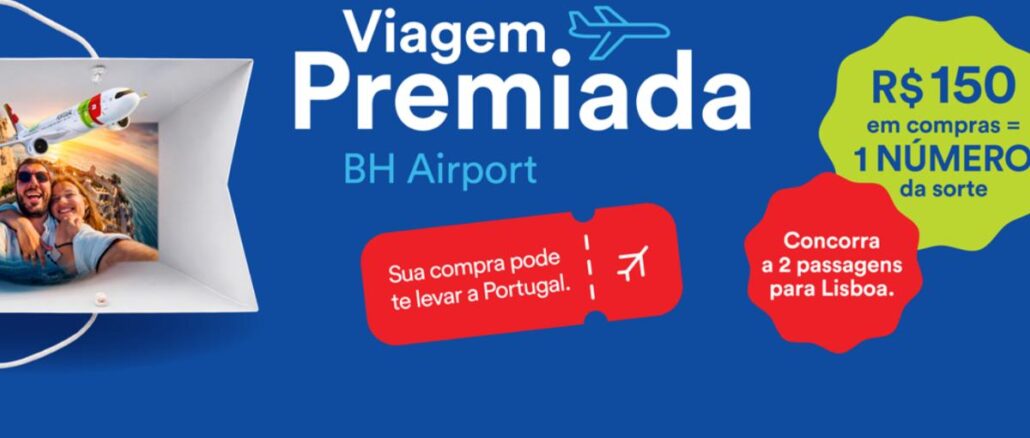 Banner da promoção Viagem Premiada BH Airport, com casal em selfie durante viagem, avião estilizado e destaques em vermelho e verde informando que compras de R$150 valem um número da sorte para concorrer a duas passagens para Lisboa