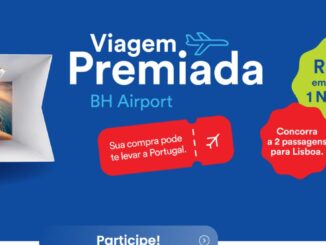 Banner da promoção Viagem Premiada BH Airport, com casal em selfie durante viagem, avião estilizado e destaques em vermelho e verde informando que compras de R$150 valem um número da sorte para concorrer a duas passagens para Lisboa