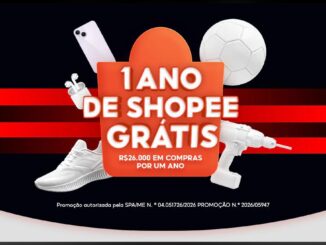 Banner da promoção 1 Ano de Shopee Grátis em parceria com o Flamengo, com prêmio de R$26.000 em compras por um ano, autorizada pela SPA/ME N.º 04.051726/2026.