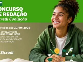 Banner do 11º Concurso de Redação da Sicredi Evolução, com inscrições abertas até 20/10/2026 para estudantes do 3º ano do ensino médio de escolas públicas das cidades da área de atuação da Sicredi Evolução.