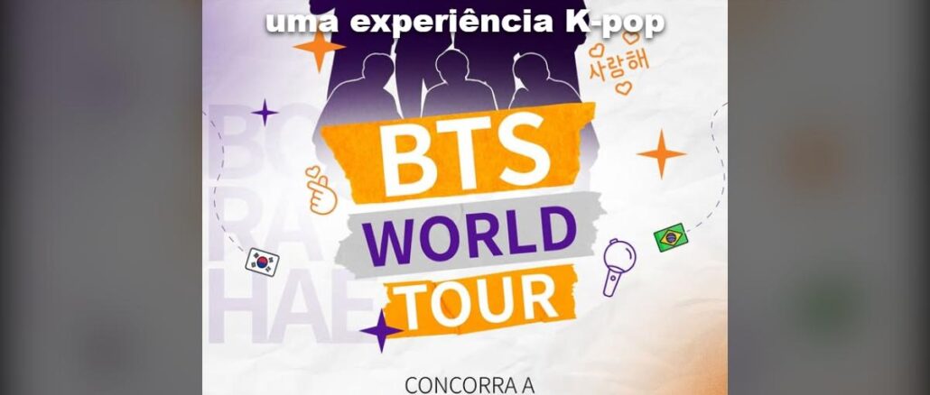Banner da promoção da Mirae Asset com silhuetas de integrantes do BTS ao fundo e destaque para o concurso de 1 par de ingressos para o BTS World Tour.