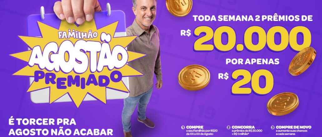 Banner da promoção Agostão Premiado Familhão 2026: toda semana dois prêmios de R$20.000 por apenas R$20, com chance de ganhar R$1 milhão.
