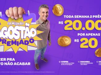 Banner da promoção Agostão Premiado Familhão 2026: toda semana dois prêmios de R$20.000 por apenas R$20, com chance de ganhar R$1 milhão.