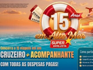 Banner da promoção "15 Anos em Alto Mar" do Supervarejista, com sorteio de 15 cruzeiros com acompanhante e todas as despesas pagas.