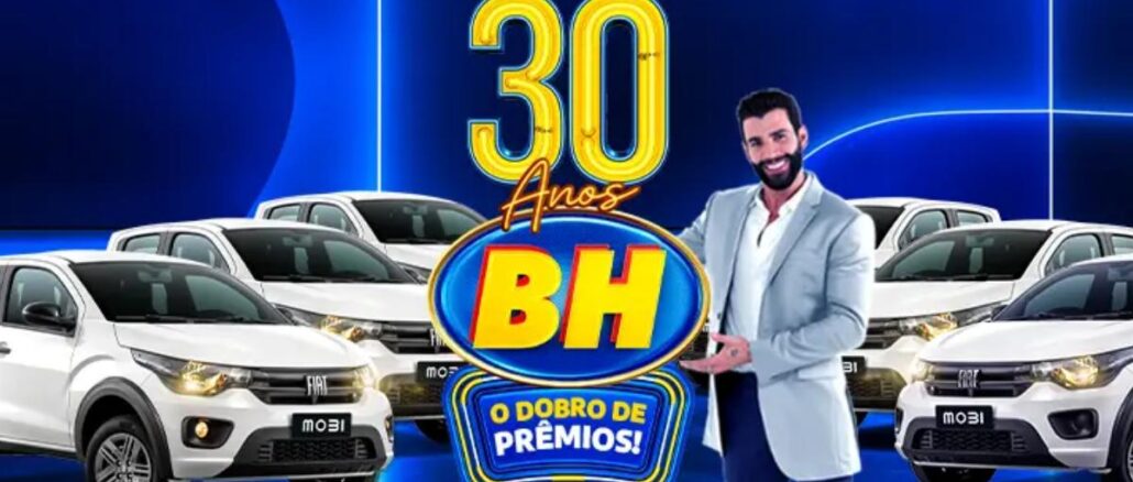 Aniversário 30 Anos Supermercados BH Banner promocional do Aniversário 30 Anos dos Supermercados BH com a campanha "O Dobro de Prêmios", exibindo quatro carros Fiat Mobi brancos e um apresentador ao fundo azul iluminado.
