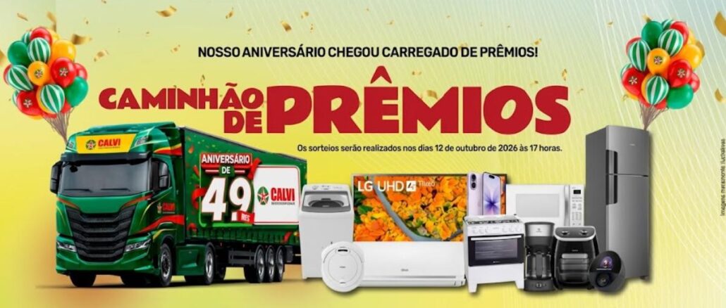 Banner promocional da campanha Caminhão de Prêmios do Aniversário de 49 Anos dos Supermercados Calvi, com sorteio em 12 de outubro de 2026, exibindo eletrodomésticos e eletrônicos como prêmios.