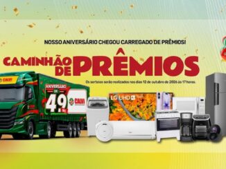 Banner promocional da campanha Caminhão de Prêmios do Aniversário de 49 Anos dos Supermercados Calvi, com sorteio em 12 de outubro de 2026, exibindo eletrodomésticos e eletrônicos como prêmios.