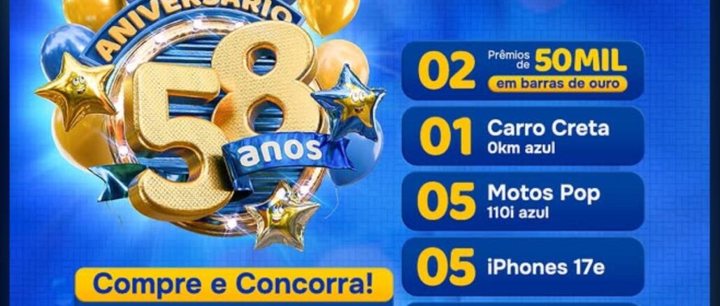 Arte da promoção de aniversário de 58 anos da NovaEstrela Rede de Supermercados, com fundo azul, balões dourados e azuis, e lista de prêmios do sorteio incluindo barras de ouro, carro, motos, iPhones e vales-compras.