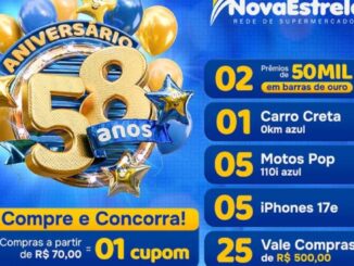 Arte da promoção de aniversário de 58 anos da NovaEstrela Rede de Supermercados, com fundo azul, balões dourados e azuis, e lista de prêmios do sorteio incluindo barras de ouro, carro, motos, iPhones e vales-compras.