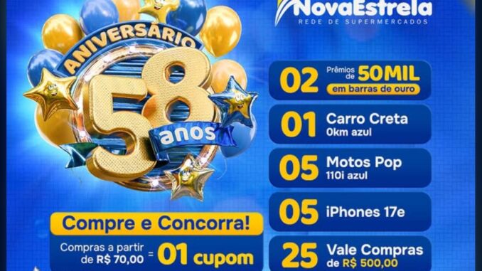 Arte da promoção de aniversário de 58 anos da NovaEstrela Rede de Supermercados, com fundo azul, balões dourados e azuis, e lista de prêmios do sorteio incluindo barras de ouro, carro, motos, iPhones e vales-compras.