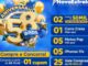 Arte da promoção de aniversário de 58 anos da NovaEstrela Rede de Supermercados, com fundo azul, balões dourados e azuis, e lista de prêmios do sorteio incluindo barras de ouro, carro, motos, iPhones e vales-compras.