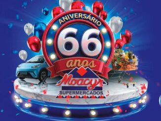 Promoção de aniversário de 66 anos do Moacyr Supermercados, com destaque para sorteio de carro, em arte festiva com balões azuis, vermelhos e prata sobre fundo azul.