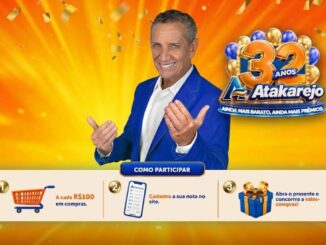 Promoção de aniversário de 32 anos do Atakarejo: a cada R$100 em compras, cadastre a nota no site e concorra a vales-compras. Válida na Bahia e Sergipe.